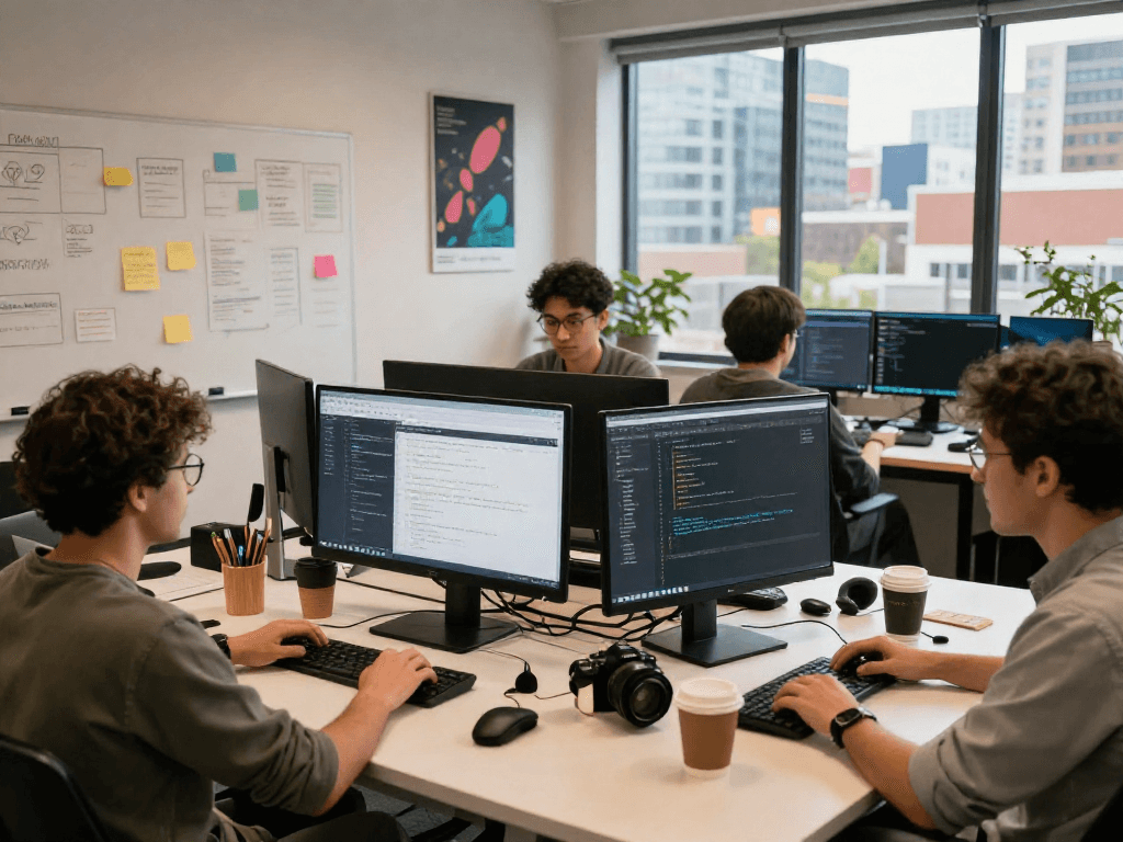 Tim pengembang software di https://bos88ap.com/ bekerja sama di ruang kerja modern dengan layar ganda dan catatan kolaboratif.