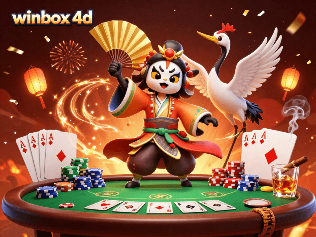 Experience thrilling action with winbox 4d in an illustrated poker scene featuring kabuki characters.