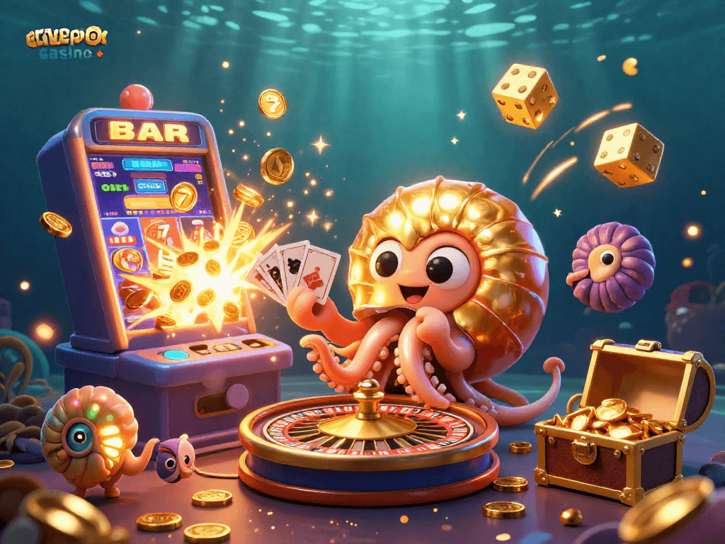 Experience the thrilling atmosphere of a crypto casino with a whimsical 3D illustration of a nautilus as a roulette wheel.