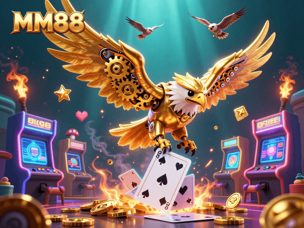 Engage with MM88 casino games, featuring a vibrant cybernetic eagle amidst holographic cards and arcade elements.