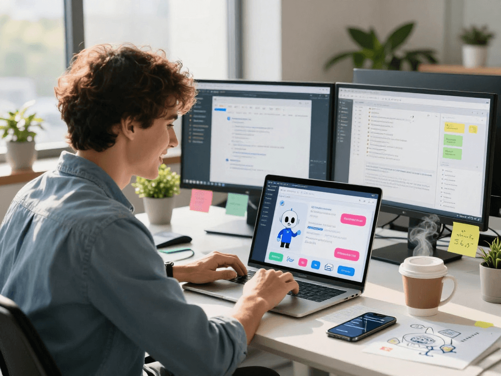 Dynamic interaction with spicy ai chatbot in a vibrant tech workspace, showcasing digital engagement.