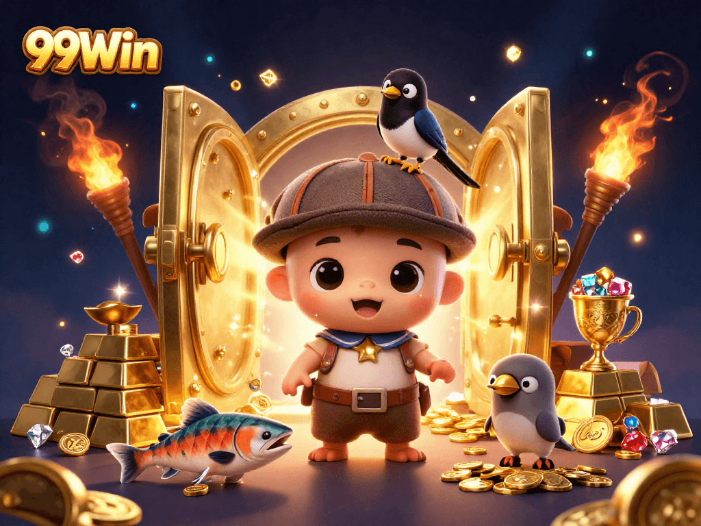 A vibrant 99Win illustration featuring a playful cartoon Nessie, gold treasures, and dynamic gaming elements.