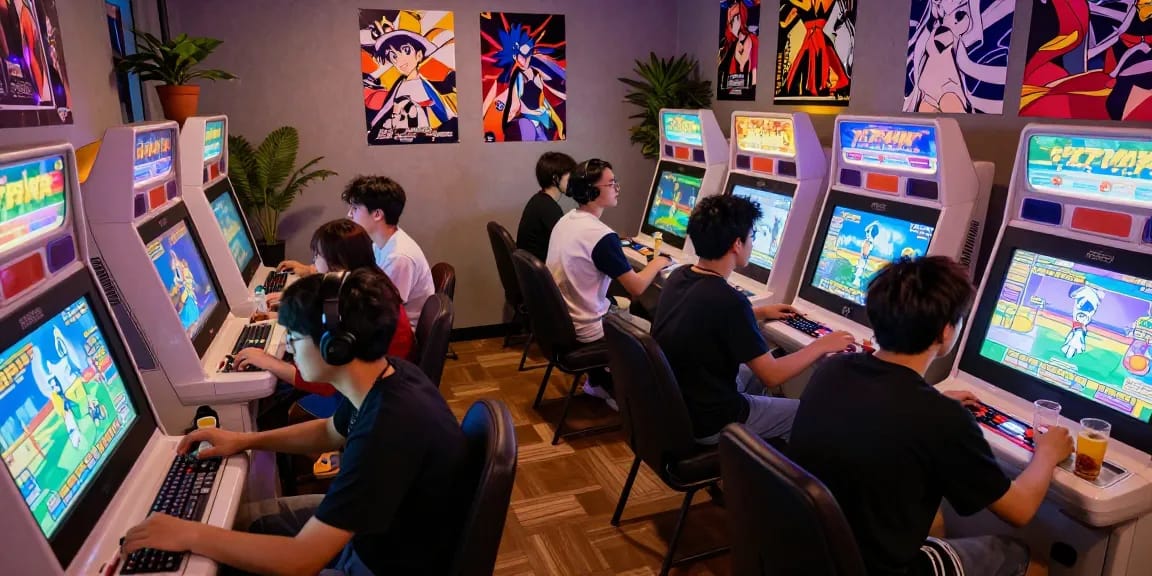 Friends enjoy gacha games in a neon-lit arcade at gacha168 venue.