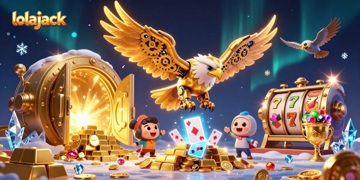 Immerse in the thrilling action of lolajack with a golden eagle amidst slot reels and treasures.