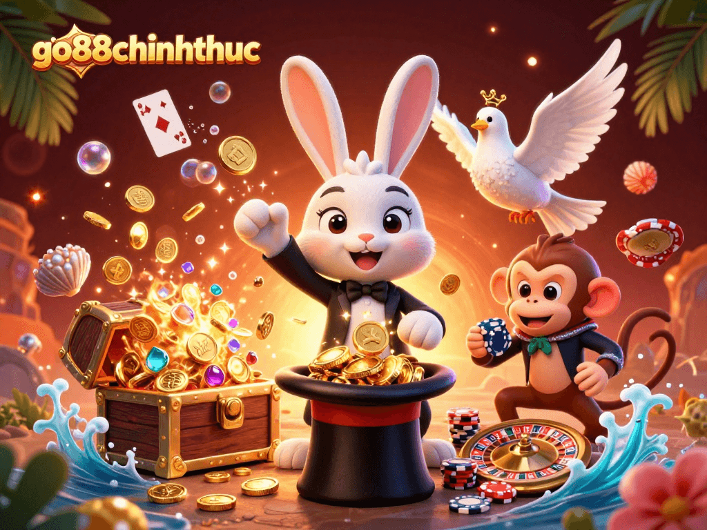 Experience the magic of go88chinhthuc with a charming 3D illustration of casino games.