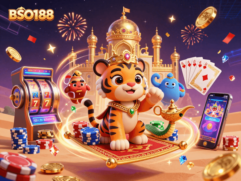 Experience the thrill of BSO188 with dynamic slot reels, colorful poker chips, and magical characters.