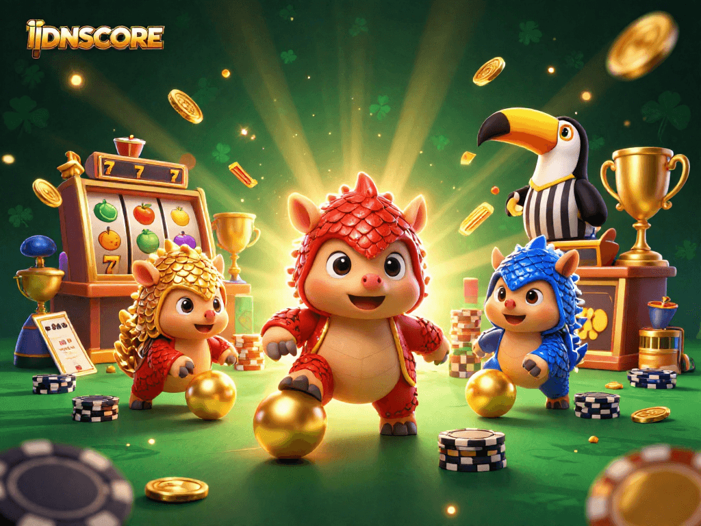 IDNSCORE showcases a thrilling slot adventure with rival pangolins and vibrant gaming elements.