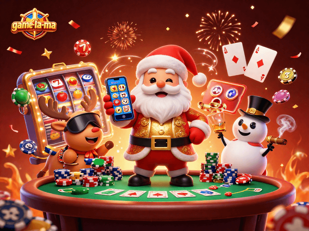 Join the fun at game-la-ma with Santa and friends celebrating jackpot wins in this vibrant casino scene.