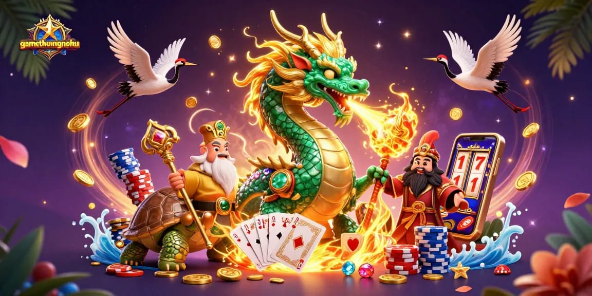 gamethuongnohu unleashes excitement with a jade dragon and lucky cranes amid colorful casino elements.
