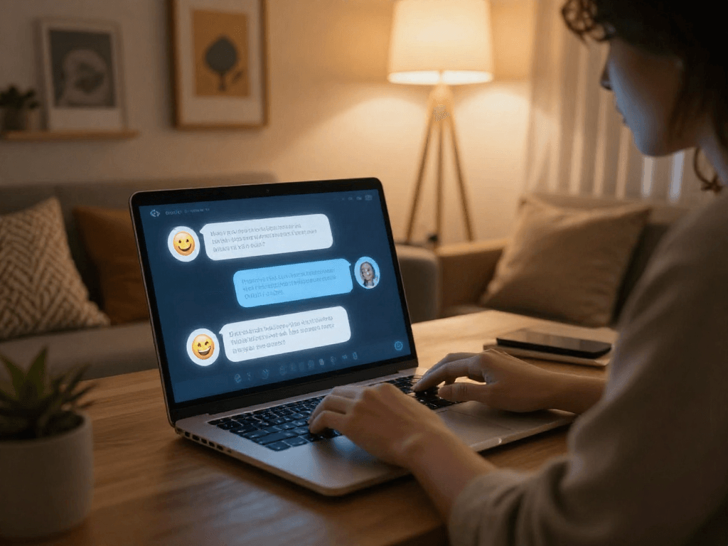 Engaging in ai porn chat through a sleek laptop in a cozy, inviting space.