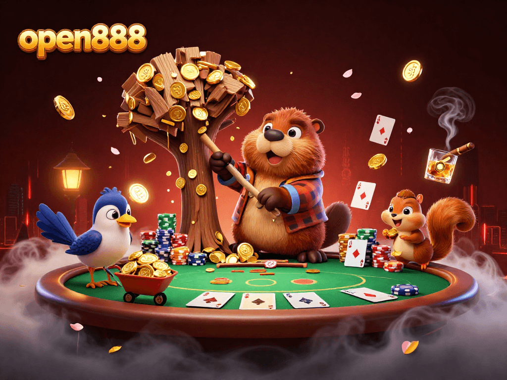 open888 showcases a 3D cartoon beaver surrounded by poker elements collecting golden coins.