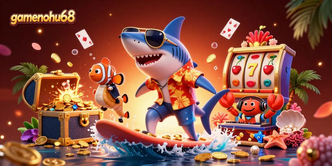 Experience gamenohu68 excitement with a shark surfing in gold coins amidst vibrant casino elements
