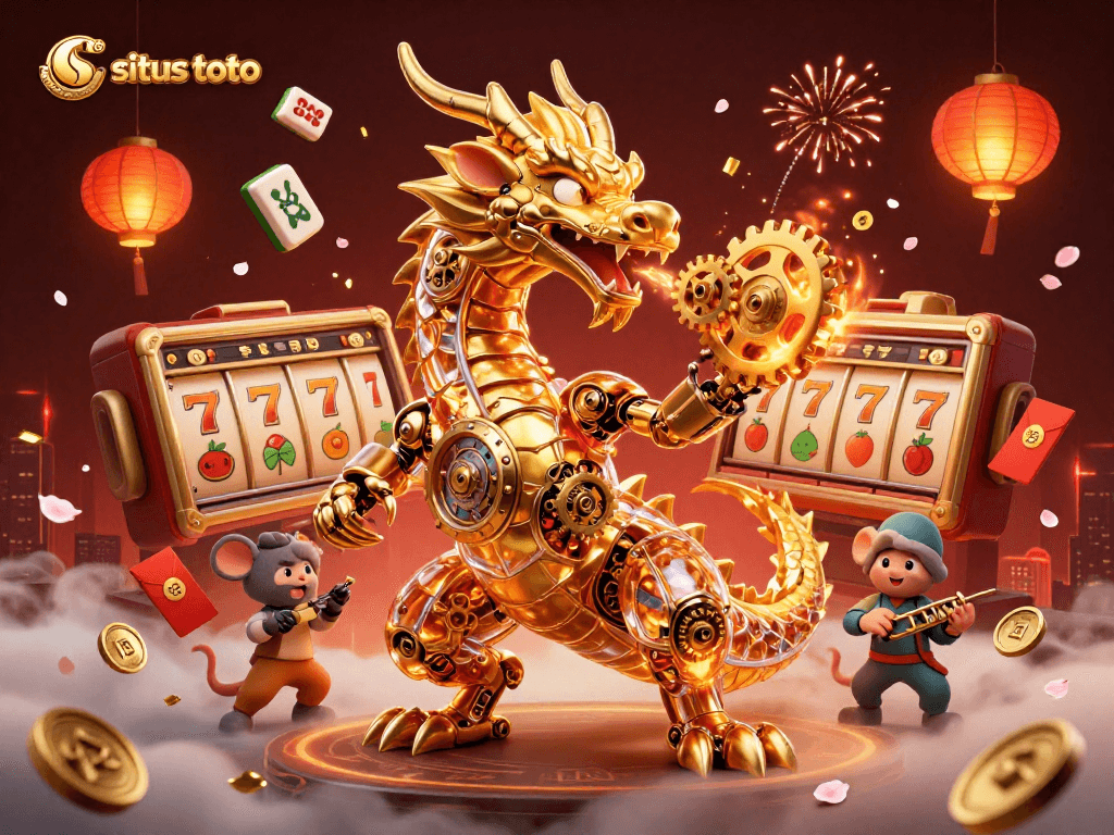 Experience situs toto's vibrant gaming universe with a dynamic golden dragon and slot elements.