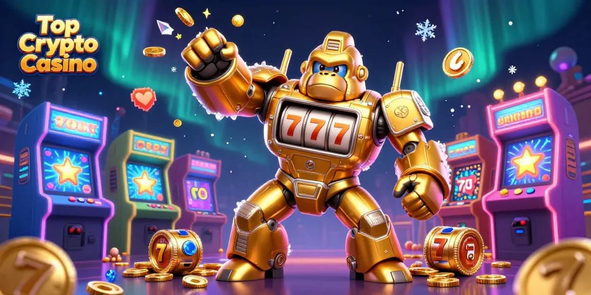 Engage with the Top Crypto Casino in a vibrant 3D scene featuring a golden gorilla mech.