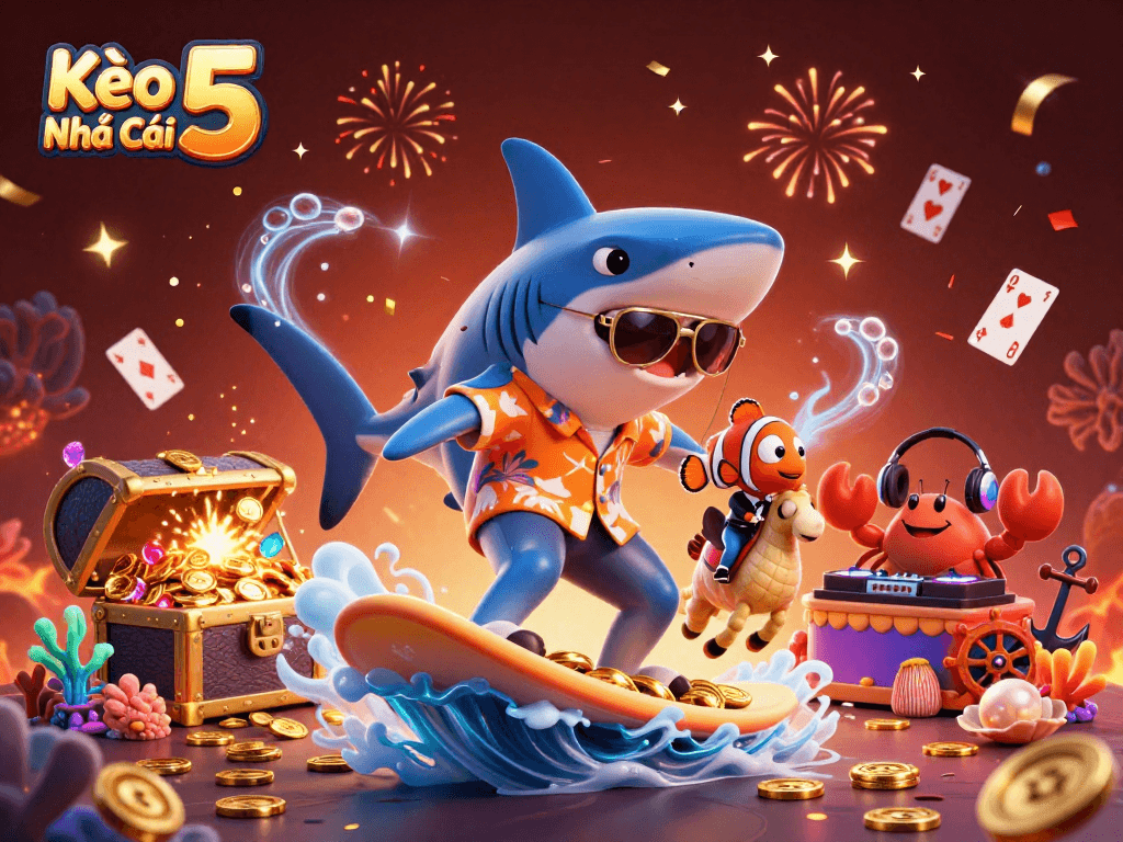 Kèo Nhà Cái 5 showcases a vibrant casino underwater scene with characters surfing gold coins.