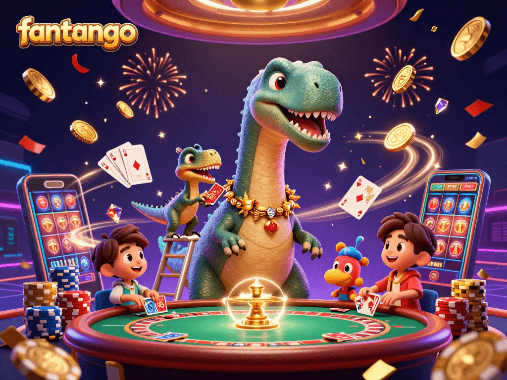 Experience the fun of fantango as the colossal brontosaurus plays cards in a vibrant casino scene.