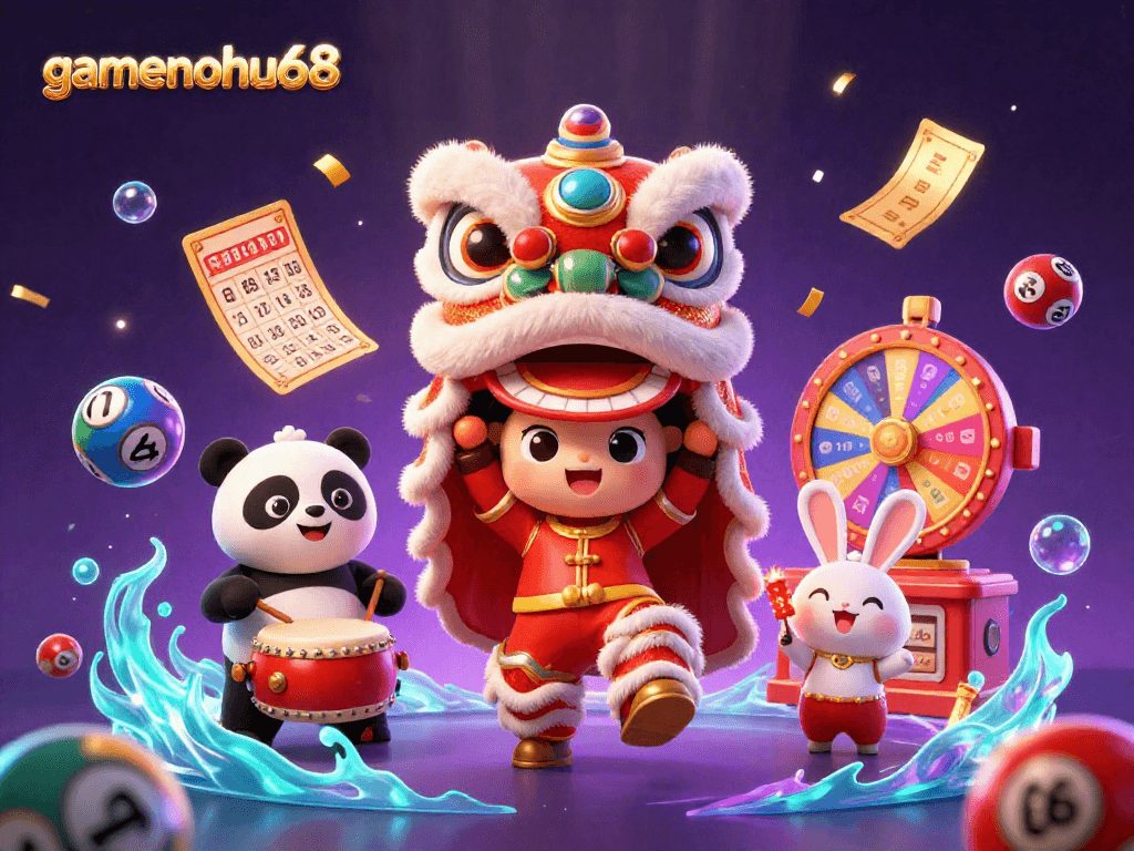 Experience gamenohu68 with a dynamic 3D casino scene featuring festive characters and exciting game elements.