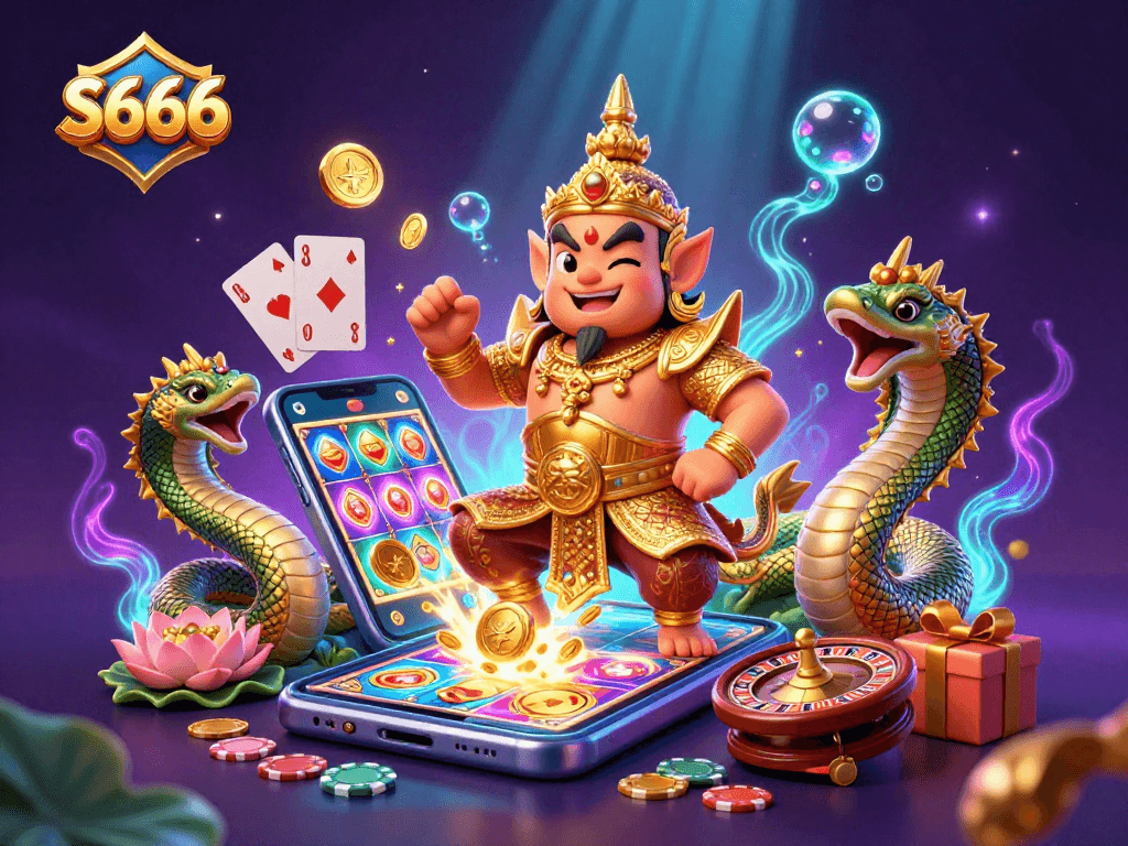 S666 welcomes players to spin colorful slots surrounded by divine guardians and casino elements.