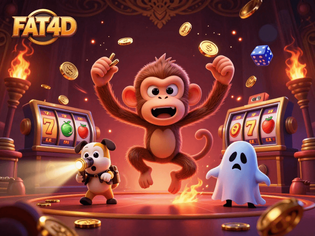Engage in thrilling gameplay with FAT4D, showcasing a lively scene of a poltergeist monkey juggling in a haunted casino.