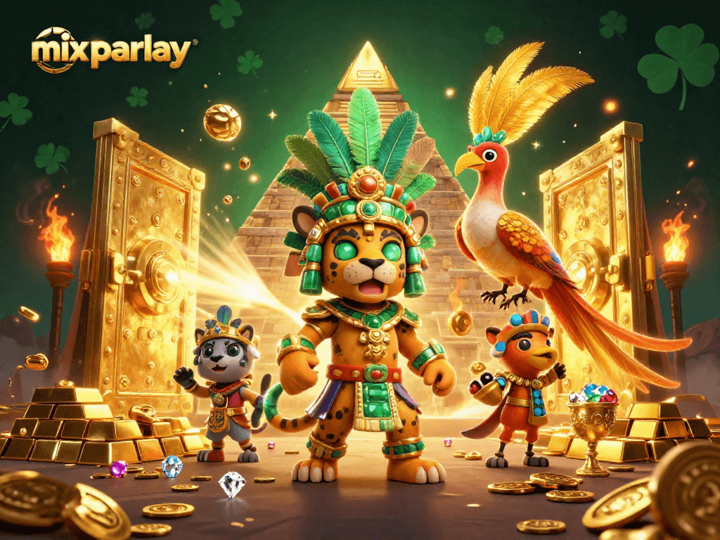 Engage in mix parlay betting with vibrant 3D illustration showcasing a Mayan priest, treasures, and casino elements.