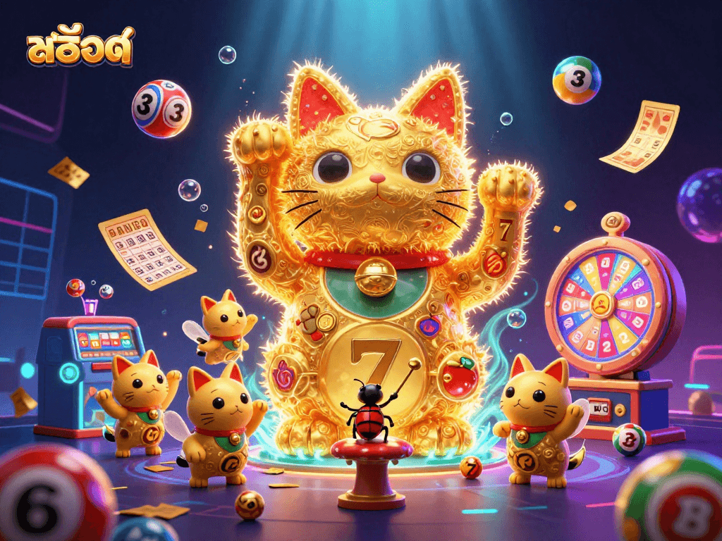 Experience the excitement of สล็อต with a vibrant scene of a lucky cat and dynamic gaming elements.