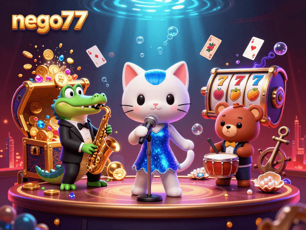 Experience exciting gaming action with nego77's vibrant casino illustration featuring lively characters.
