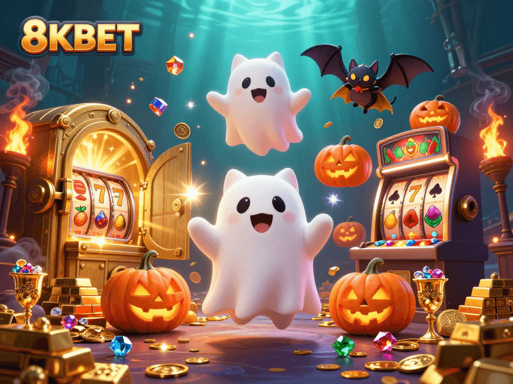 Experience thrilling 8KBET casino adventures with a ghost cat and bat companion in a haunted atmosphere.