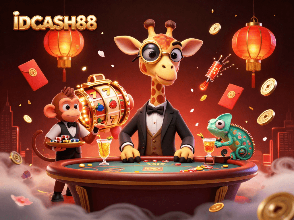 Experience the excitement with IDCASH88's vibrant casino scene featuring a high-roller giraffe and dynamic game elements.