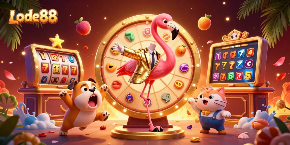 Lode88 showcases excitement with a vibrant game show scene featuring a flamingo host, bulldog contestant, and prize reveal.