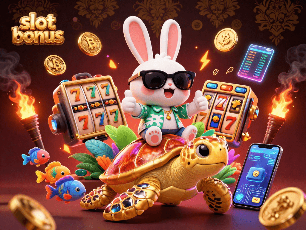 Engage with slot bonus at the casino while a lucky rabbit rides a golden turtle amidst vibrant game symbols.