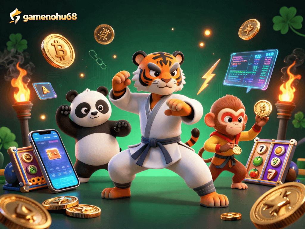 Join gamenohu68 in an immersive casino scene featuring a kung fu tiger, panda, and monkey amidst slot reels and cryptocurrency excitement!