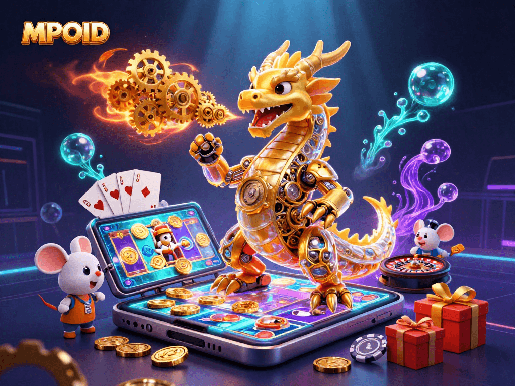 MPOID offers thrilling gameplay with a golden dragon and vibrant casino elements, showcasing exciting wins.