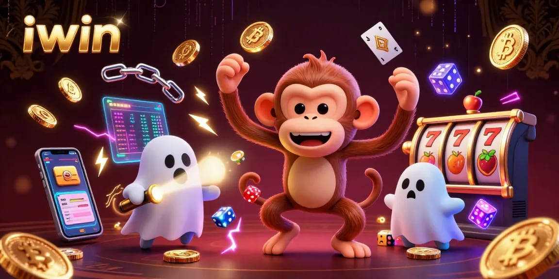 iwin showcases a playful poltergeist monkey juggling coins in a haunted casino atmosphere.