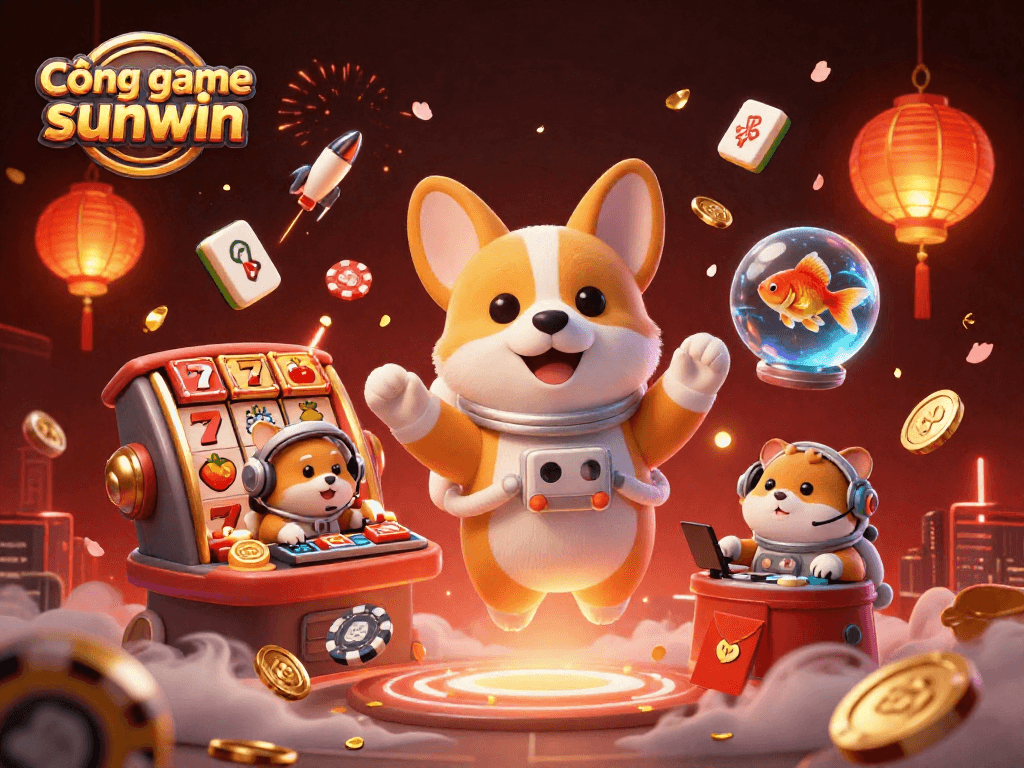 Cổng game sunwin nổi bật với chó corgi phi hành gia trong sòng bạc vũ trụ, ngập tràn hoa anh đào và tiền vàng.