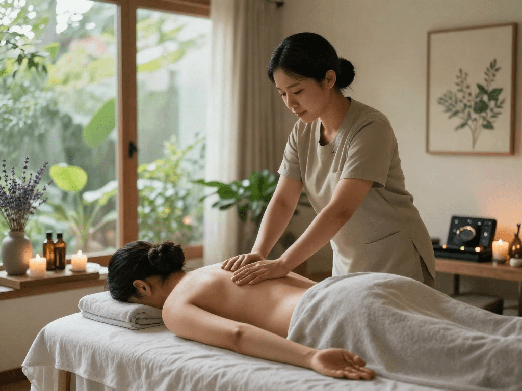 Experience calming 마포출장마사지 in a tranquil spa setting with soft lighting and natural elements.