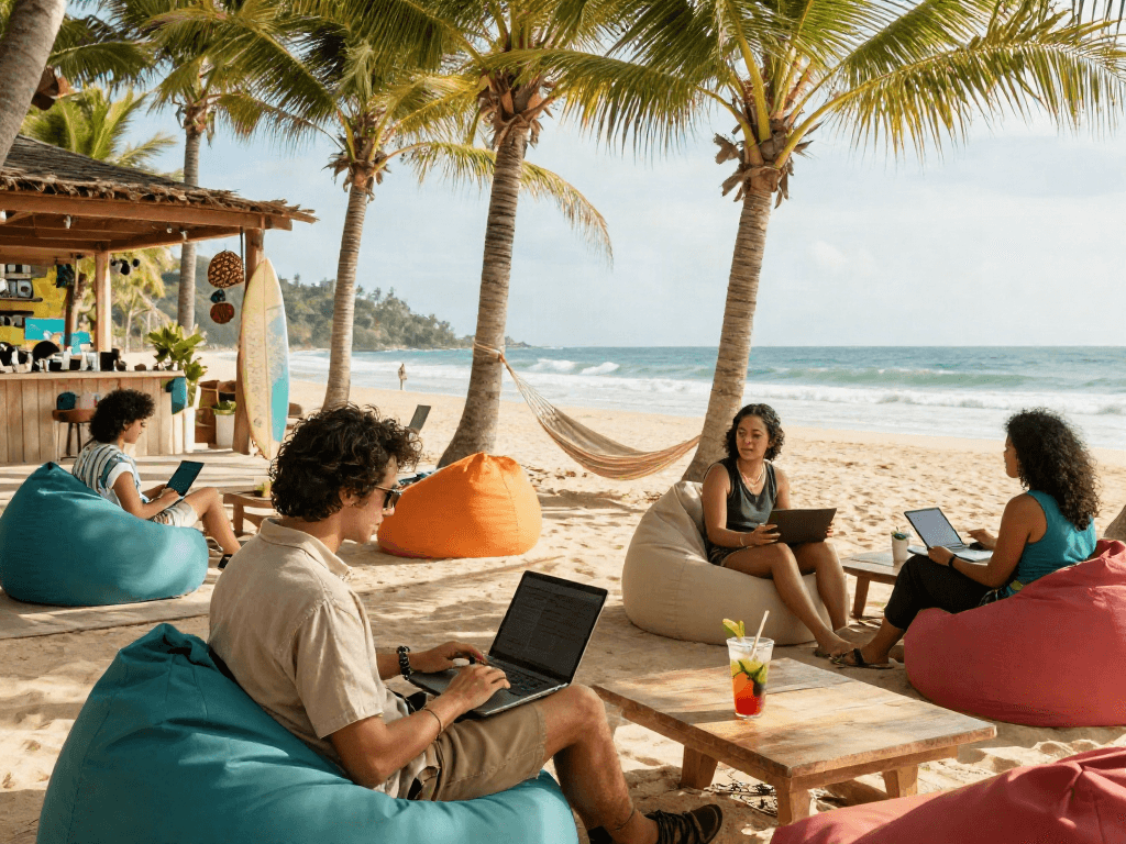A digital nomad using a laptop at beachside coworking, highlighting the slot qris lifestyle.