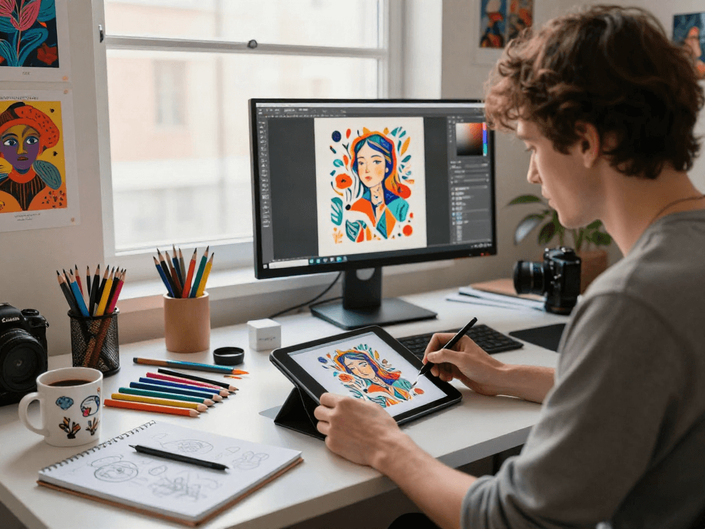Artist utilizing an ai porn generator in a digital art studio, surrounded by vibrant illustrations and creative tools.