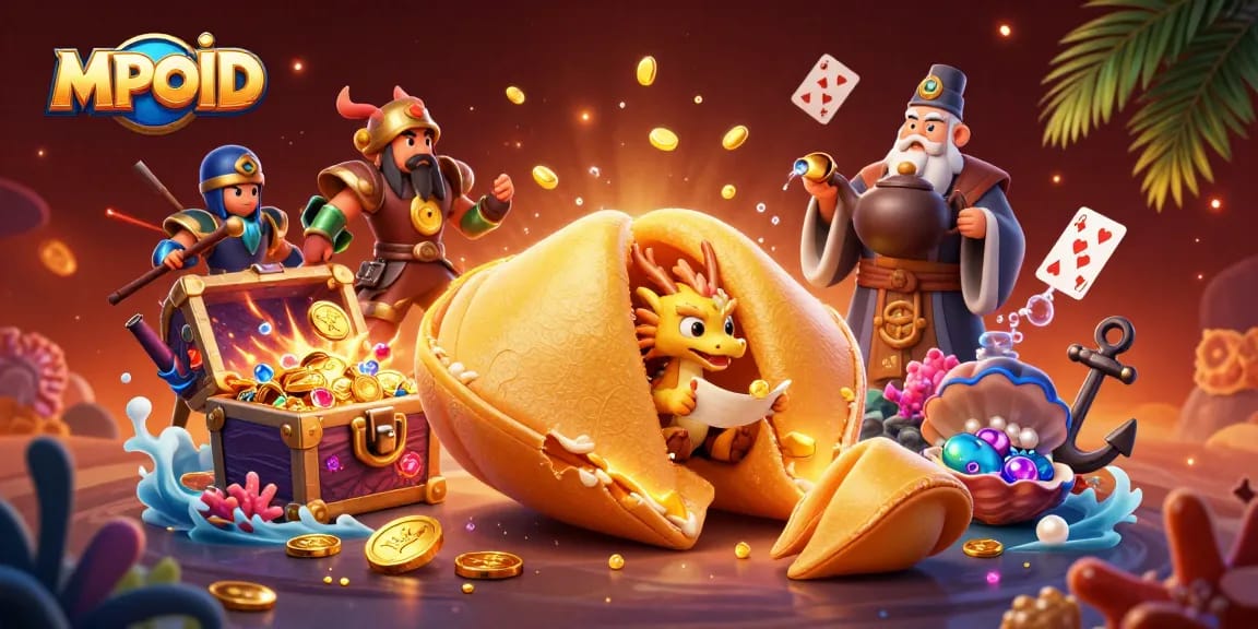 Engage with the MPOID gaming experience through colorful 3D digital illustration of casino treasures and fortune.