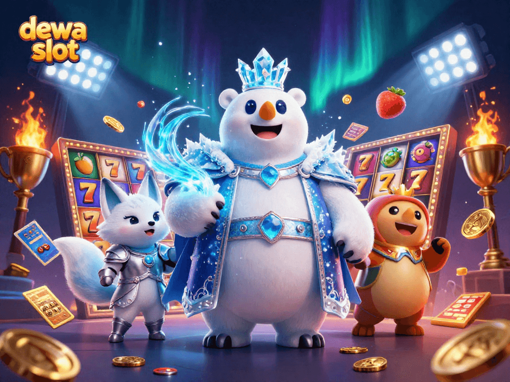 Engage with the thrilling action of dewa slot in this vibrant 3D illustration featuring animated characters and slot game elements.