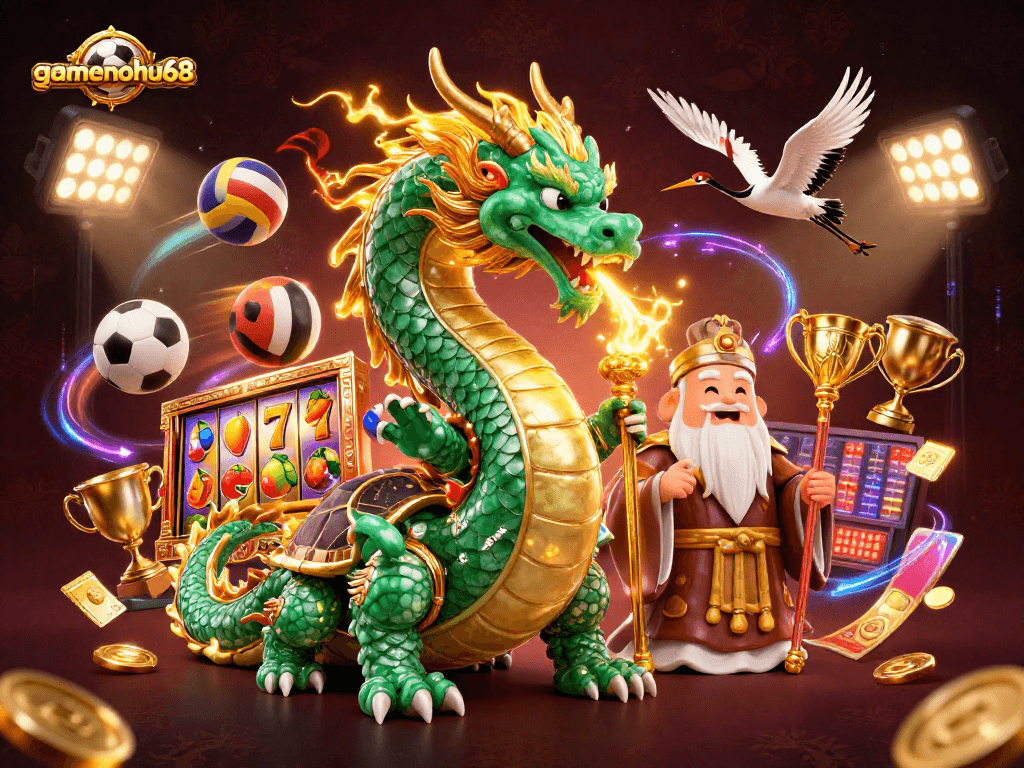 Experience thrilling gameplay at gamenohu68 with vibrant slot reels, dragon, sage, and lucky cranes.