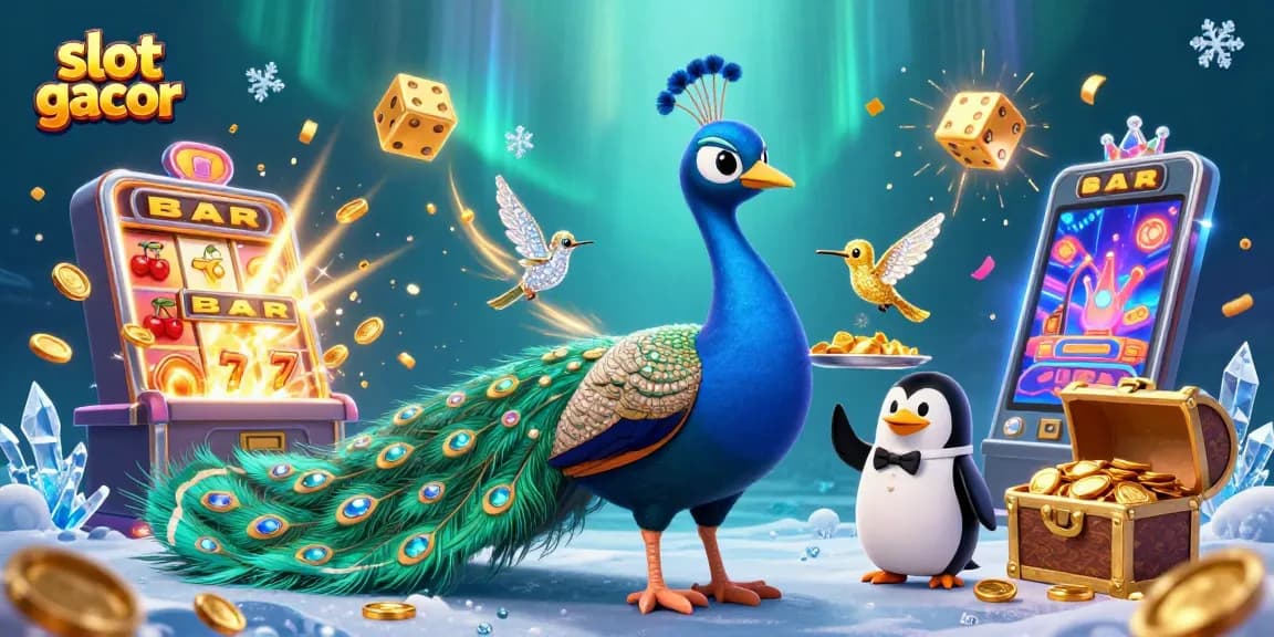 Mainkan slot gacor dengan ilustrasi kasino mewah, menampilkan karakter unik dan elemen permainan.