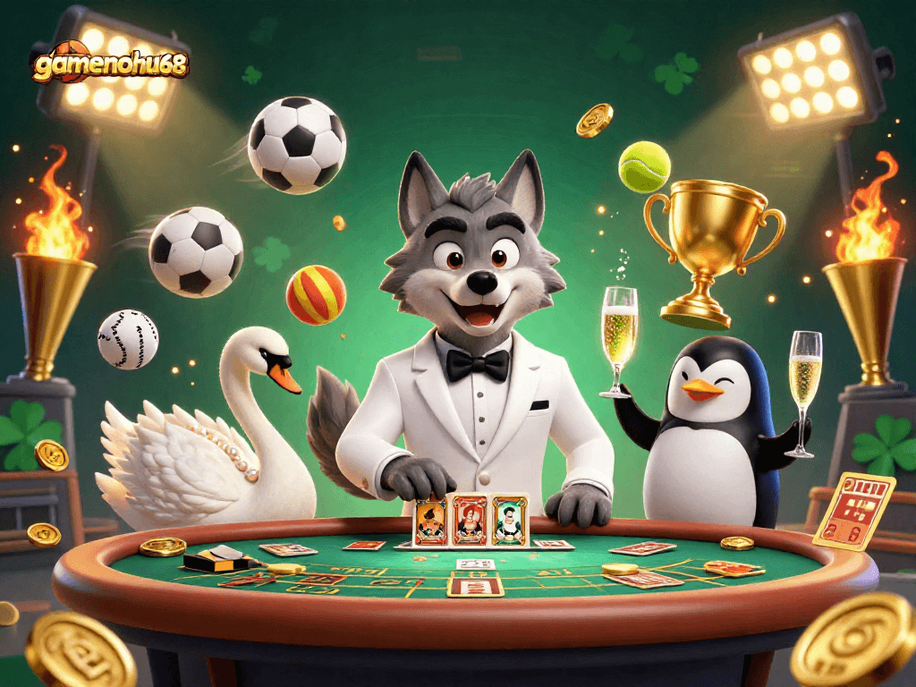 Experience thrilling bets with gamenohu68 while engaging with elegant casino characters in a vibrant scene
