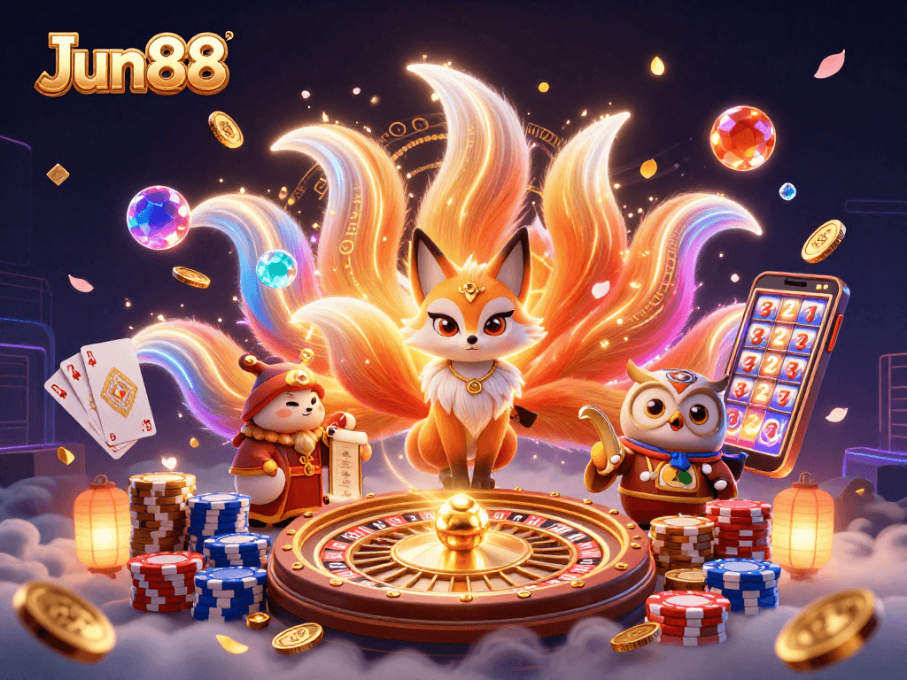 Experience Jun88 magic with colorful spirits and dazzling casino elements in this vibrant illustration.
