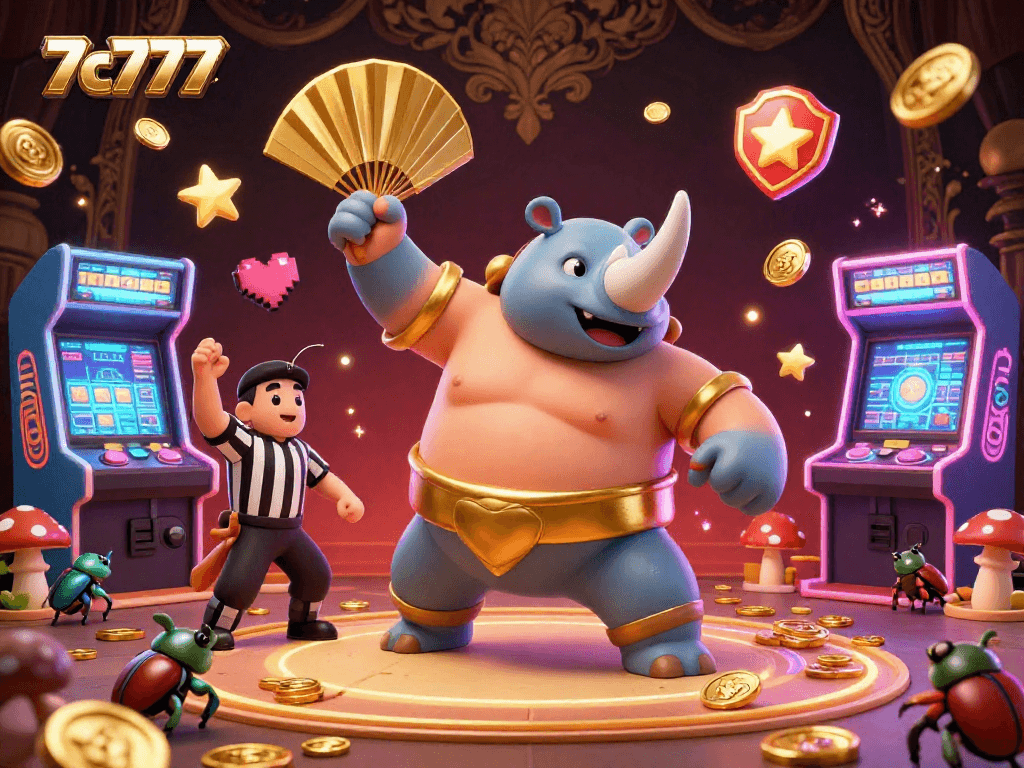 Watch the 7c777 rhinoceros beetle sumo champion stomp for coins in this vibrant casino illustration.