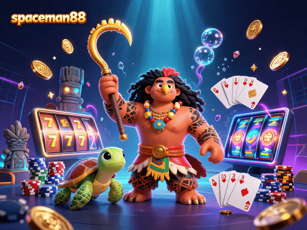 Spin for big wins on spaceman88 in this vibrant 3D casino scene with slot reels.