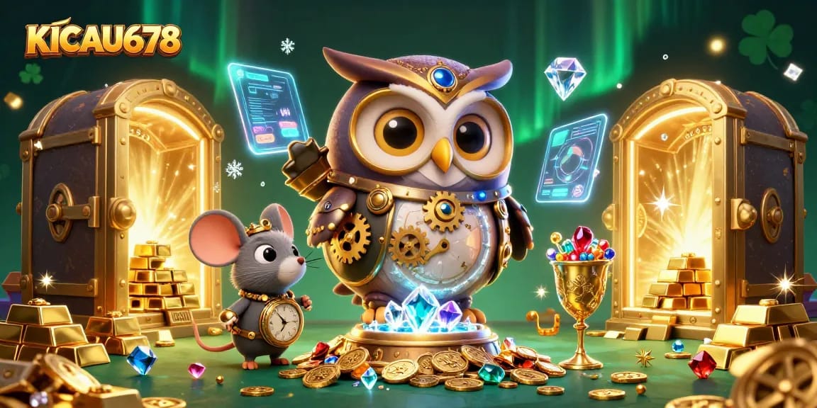KICAU678 captures vibrant casino excitement with a time-traveling owl and treasures flowing.