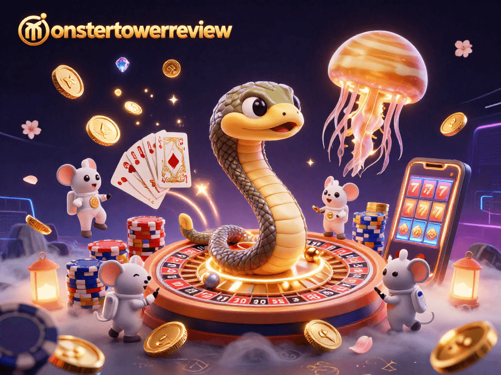 Engage with fantastic features in monstertowerreview as cartoon characters enjoy casino thrills amidst a cosmic backdrop.