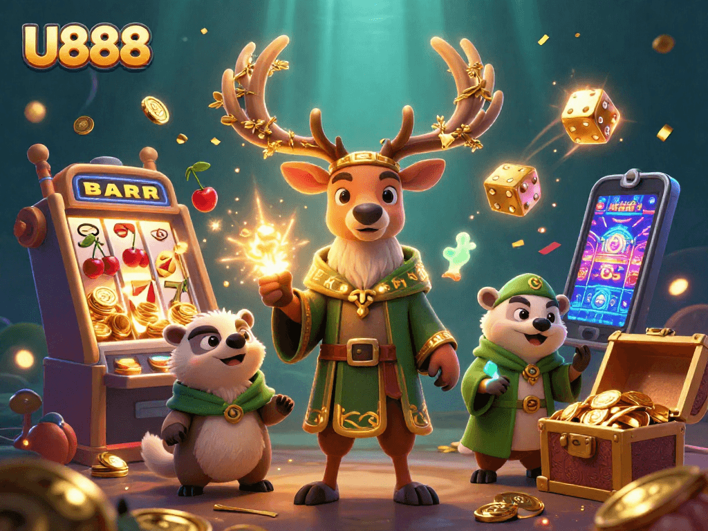 Experience the excitement of U888 with dynamic 3D characters, slot machines, and vibrant casino elements.
