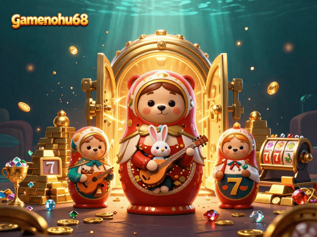 Experience gamenohu68 with a vibrant 3D casino scene featuring colorful characters and slot elements.