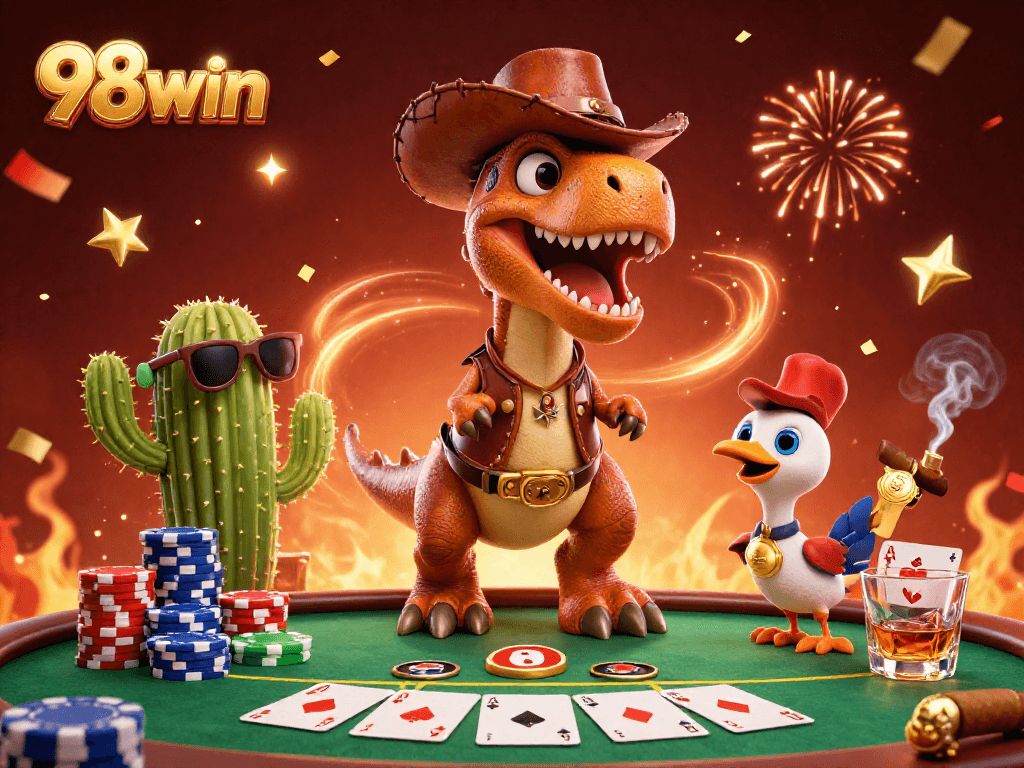 Join the fun at 98win poker with an exciting scene featuring unique characters and vibrant game elements.